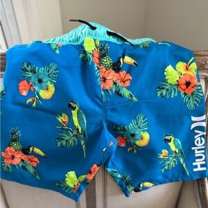 Hurley Kids Blue Swim Trunks with Tropical Parrot Print